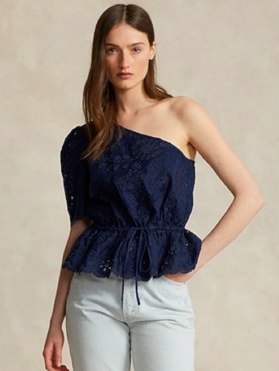 Polo Ralph Lauren Tops - New!Polo Ralph Lauren Broderie Anglaise Navy One-Shoulder Eyelet Peplum Top Y2K
